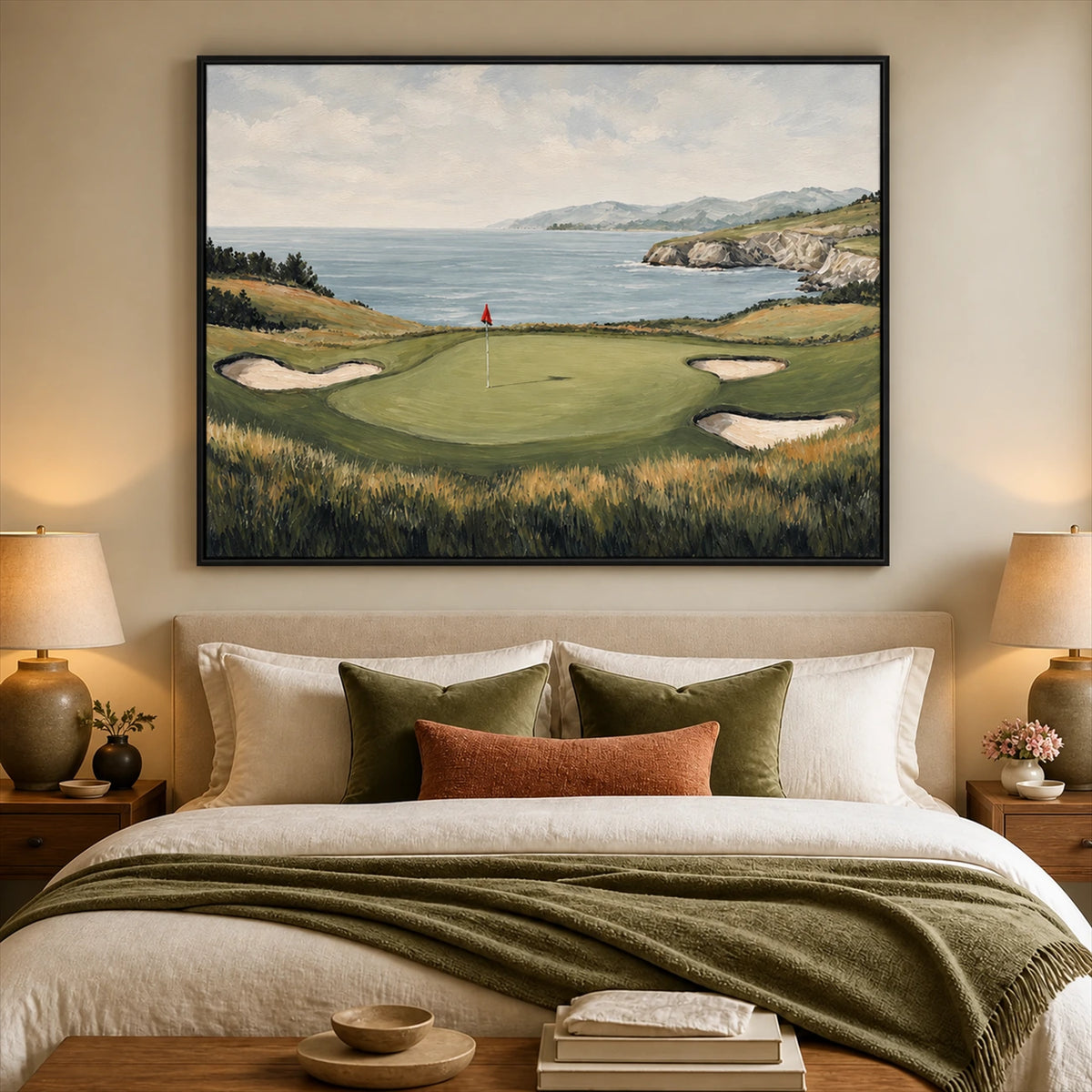 Coastal Green artwork displayed above a bed with an olive throw.