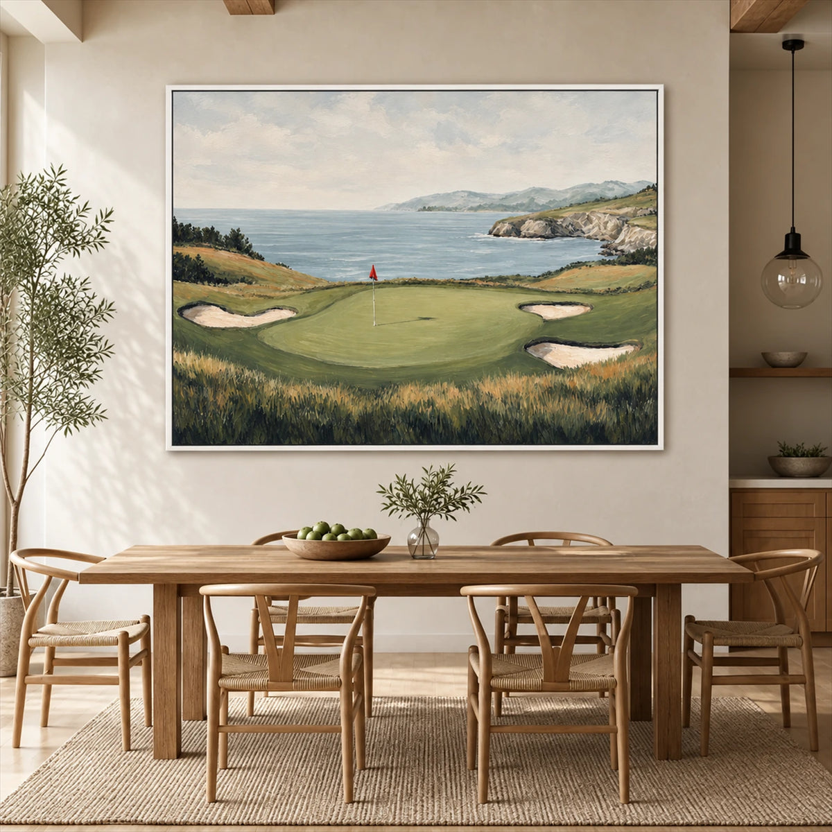 Coastal Green artwork displayed above a wooden dining table.