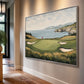 Coastal Green artwork displayed on a hallway wall near tall windows.