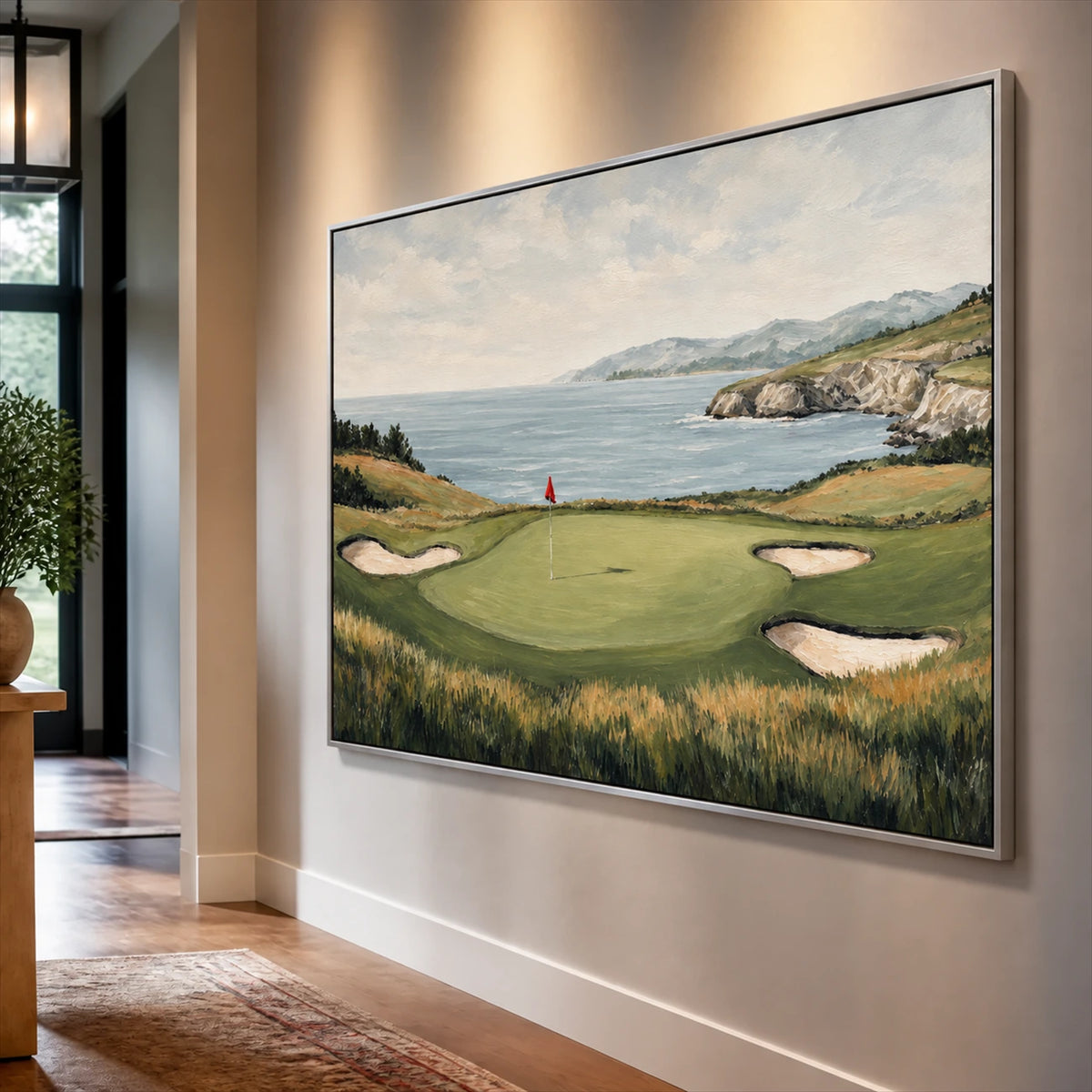 Coastal Green artwork displayed on a hallway wall near tall windows.