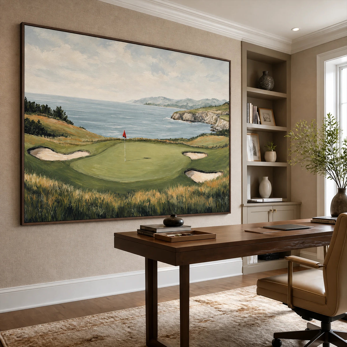 Coastal Green artwork displayed above a wooden office desk.