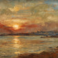 Ember Tide full artwork. A low sun casts a luminous golden path across rippling water beneath layers of rust, blue-gray, and cream clouds.