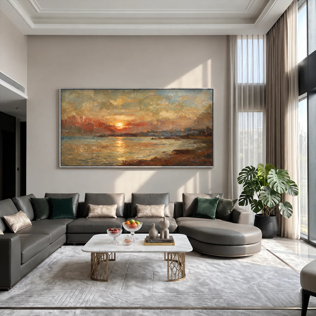 Ember Tide artwork displayed above a gray sectional near tall curtains.