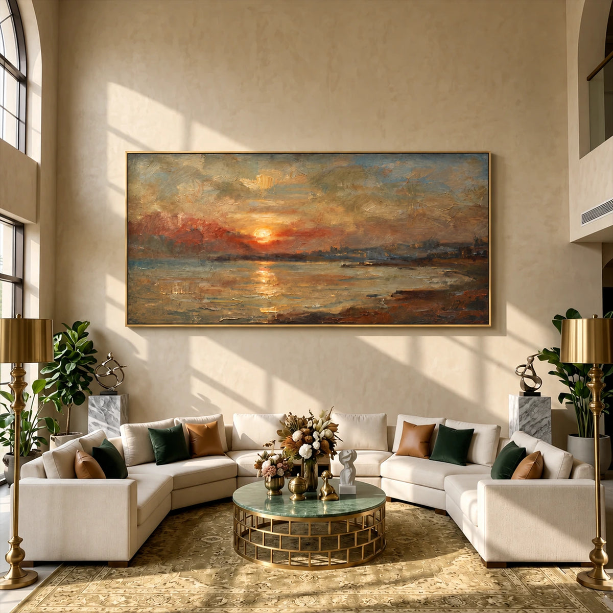 Ember Tide artwork displayed above curved seating in a sunlit room.