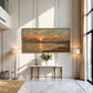 Ember Tide artwork displayed above a slim console in a tall foyer.
