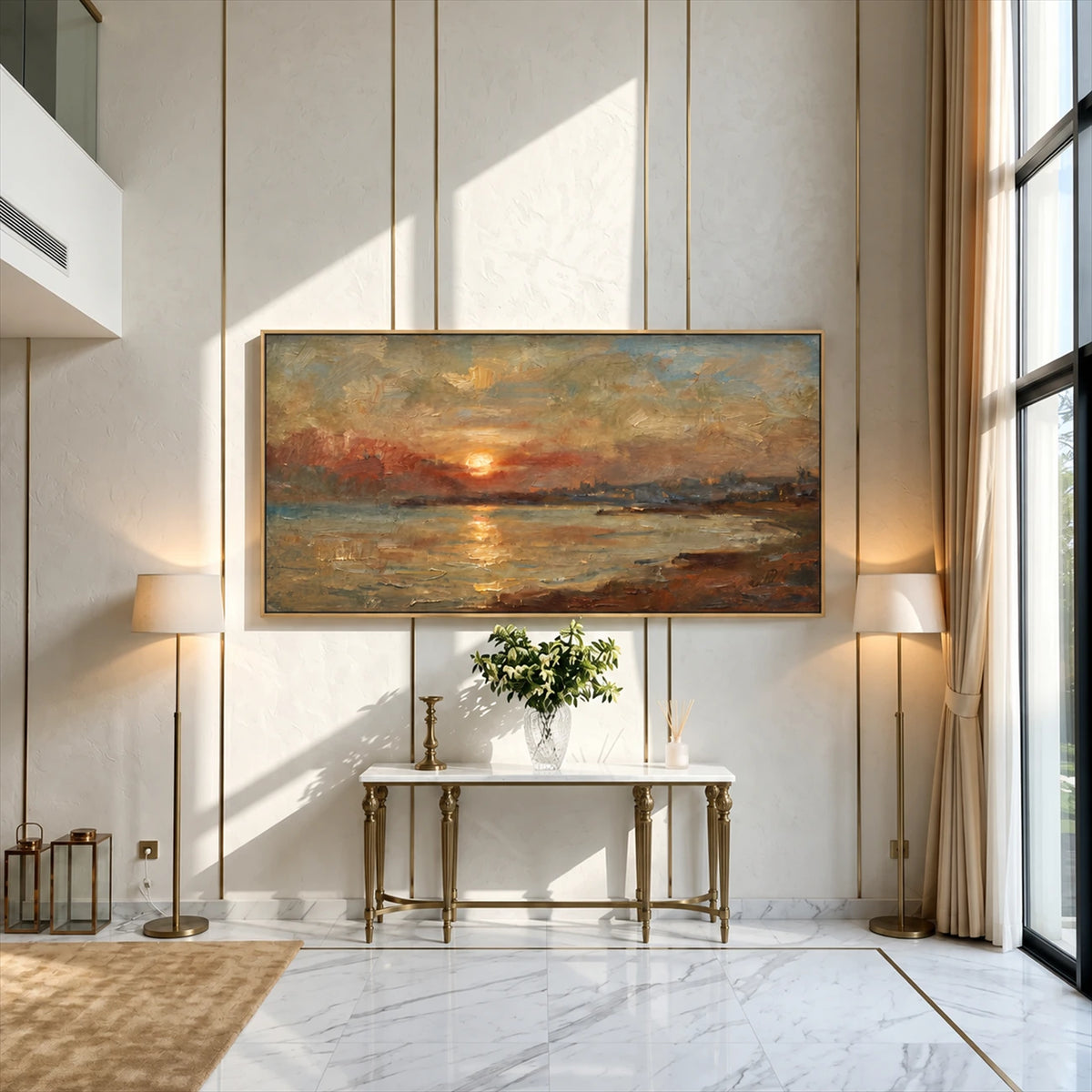 Ember Tide artwork displayed above a slim console in a tall foyer.
