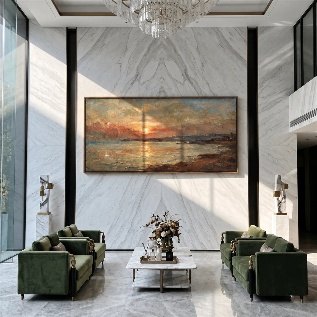 Ember Tide artwork displayed on a marble wall above green chairs.