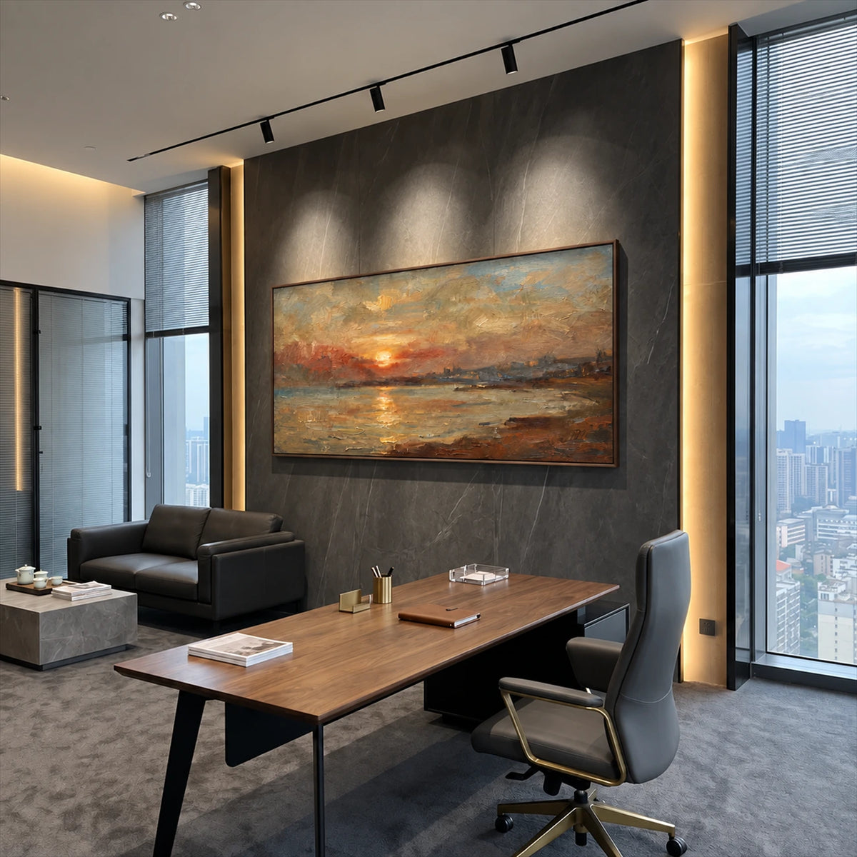 Ember Tide artwork displayed above a desk in a modern office.