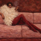 Velvet Repose full artwork. A reclining figure in red trousers and a voluminous cream feathered wrap stretches across a dusty pink sofa.