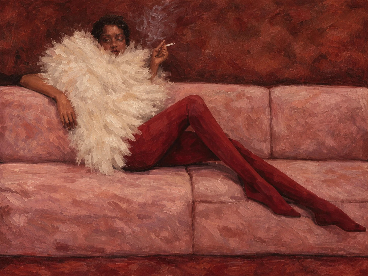 Velvet Repose full artwork. A reclining figure in red trousers and a voluminous cream feathered wrap stretches across a dusty pink sofa.