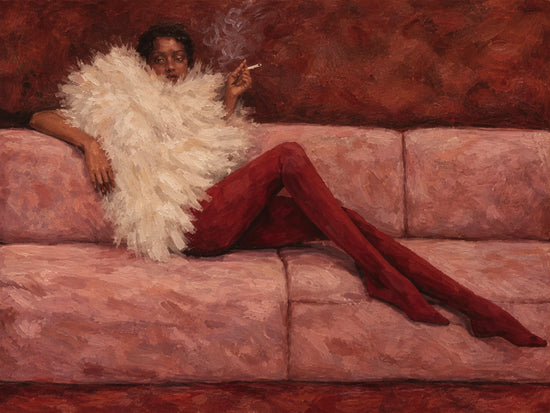 Velvet Repose full artwork. A reclining figure in red trousers and a voluminous cream feathered wrap stretches across a dusty pink sofa.