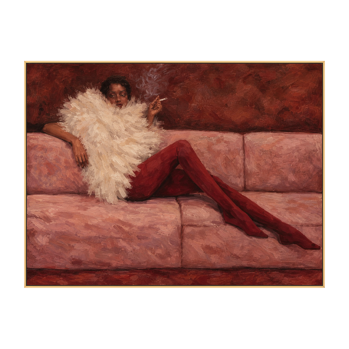 Velvet Repose artwork in a gold frame on a transparent background.