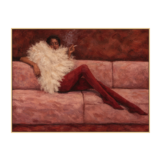 Velvet Repose artwork in a gold frame on a transparent background.