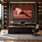 Velvet Repose artwork displayed above a desk in a dark office.