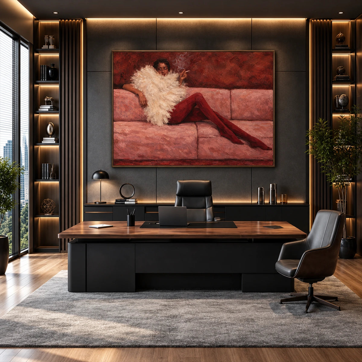 Velvet Repose artwork displayed above a desk in a dark office.