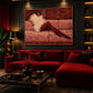 Velvet Repose artwork displayed above a deep red sectional.