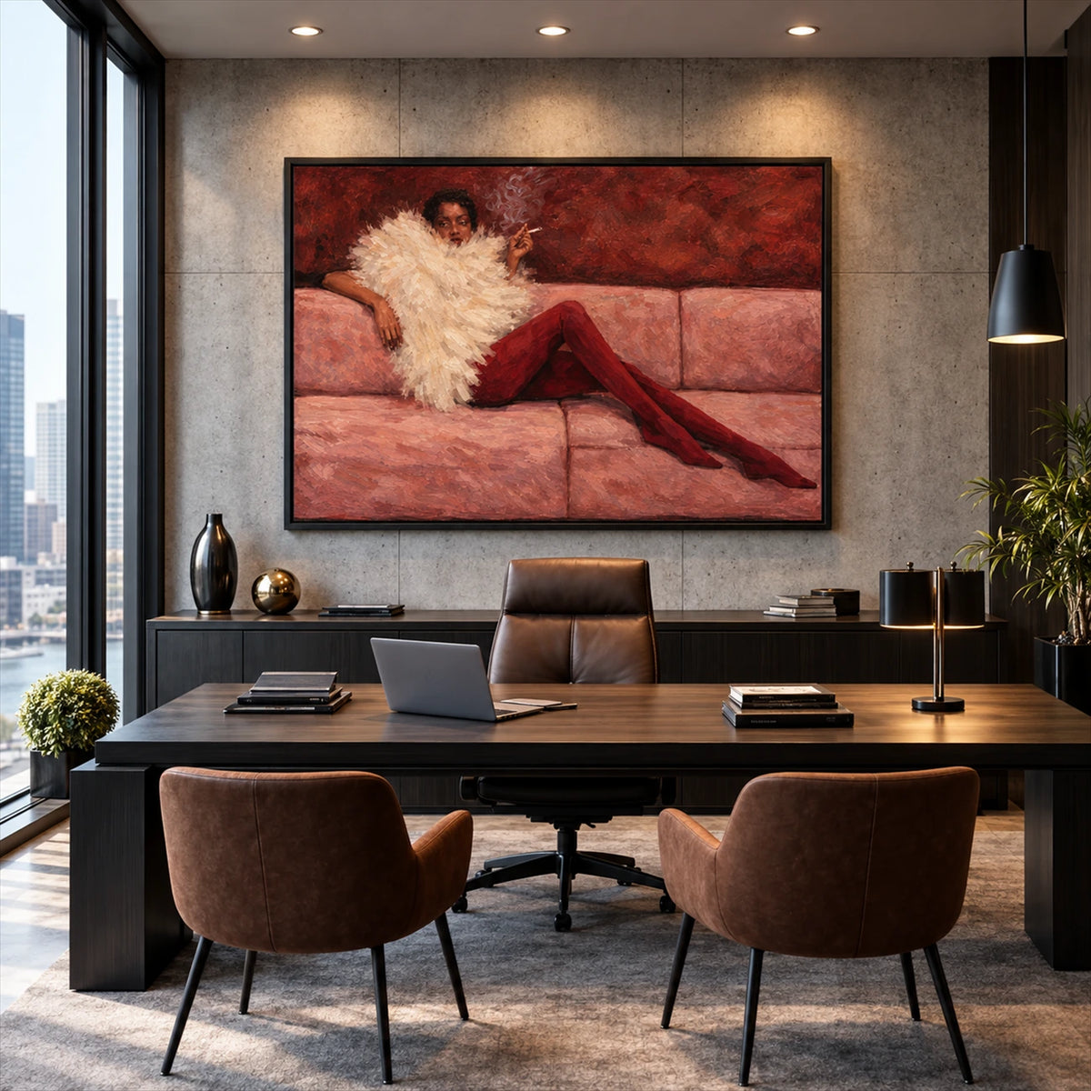 Velvet Repose artwork displayed above an office desk beside tall windows.