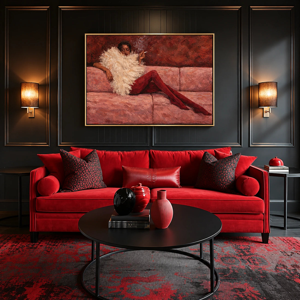 Velvet Repose artwork displayed above a red sofa between wall sconces.