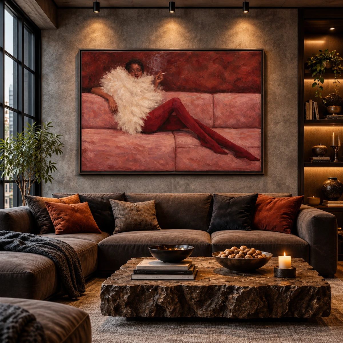 Velvet Repose artwork displayed above a dark sofa and stone coffee table.