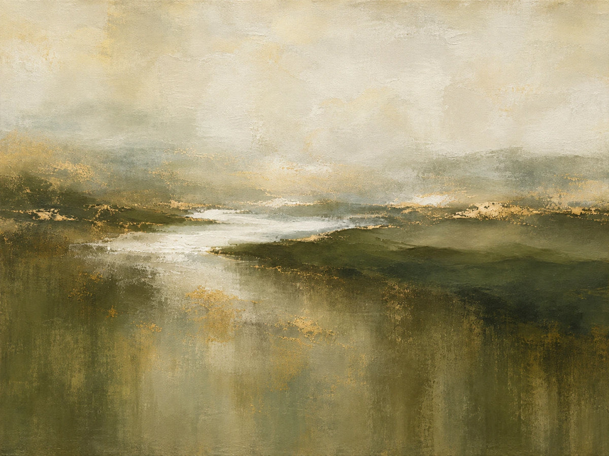 Mosslit Water full artwork. A pale channel of light winds between deep moss-green banks beneath a softly veiled sky.