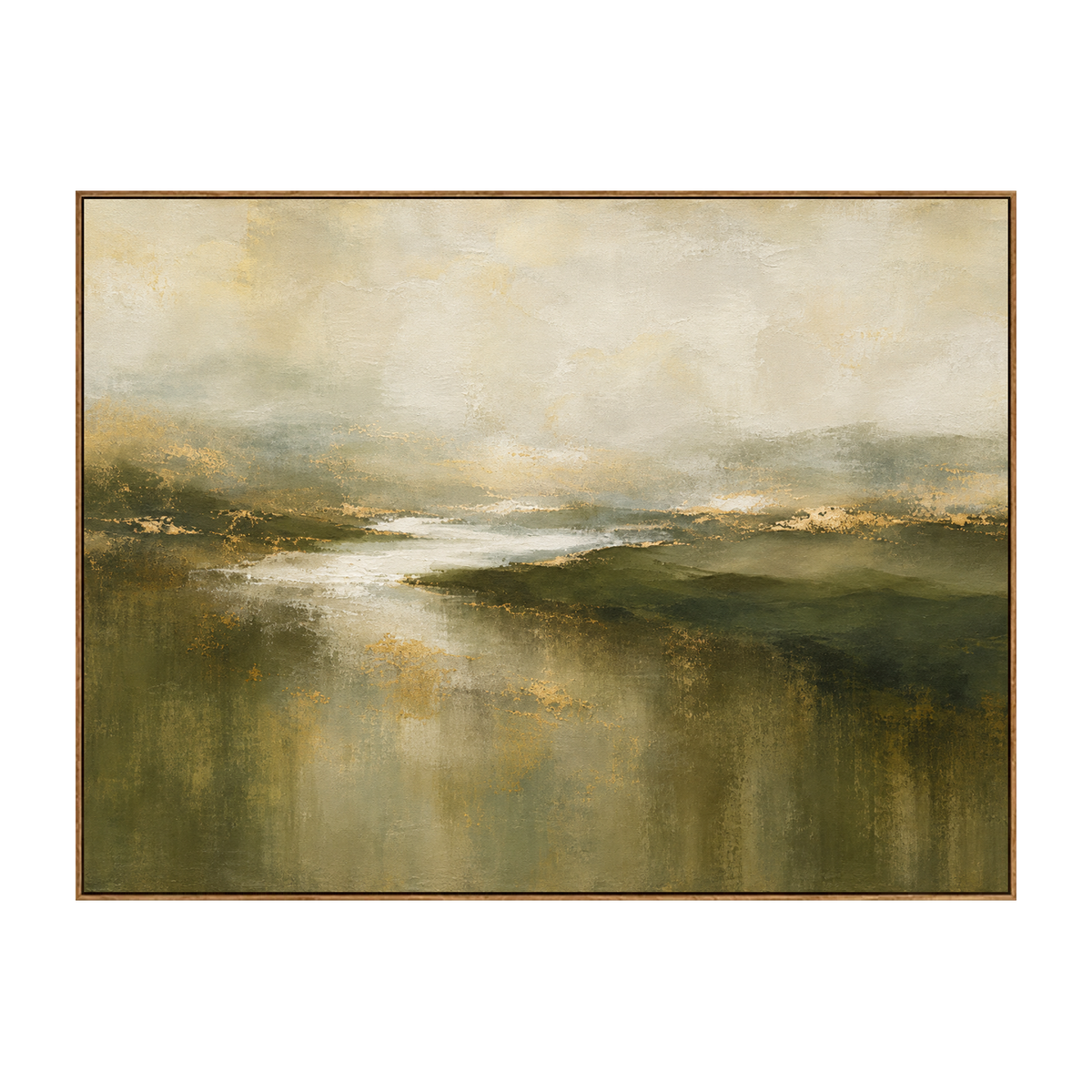 Mosslit Water artwork in a natural wood frame on a transparent background.