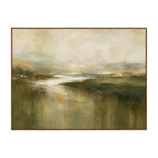 Mosslit Water artwork in a natural wood frame on a transparent background.