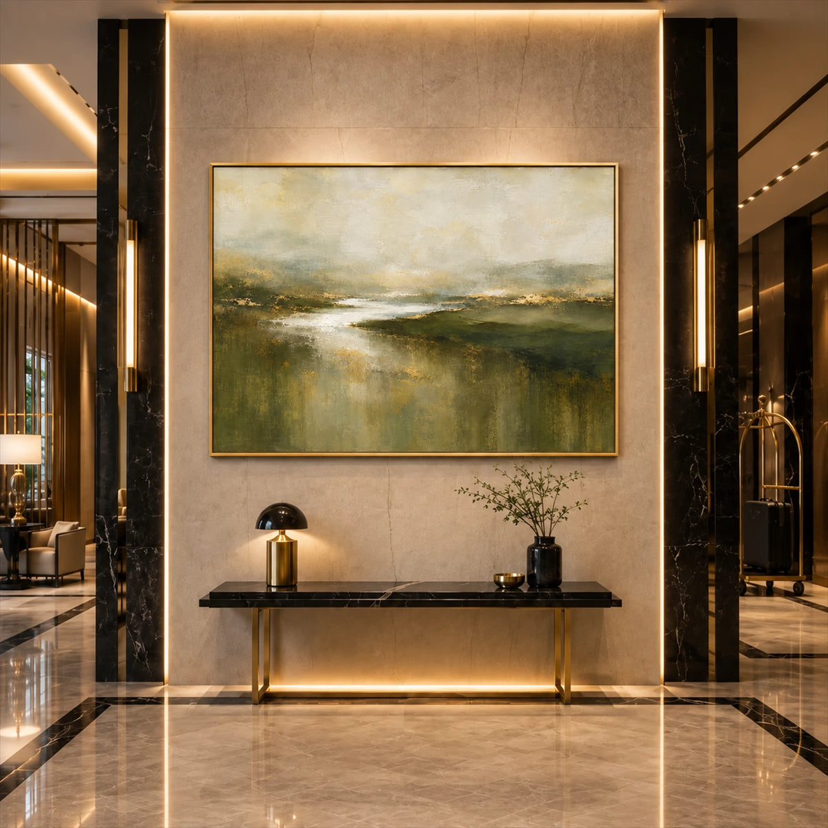 Mosslit Water artwork displayed above a slim console in a warm lobby.