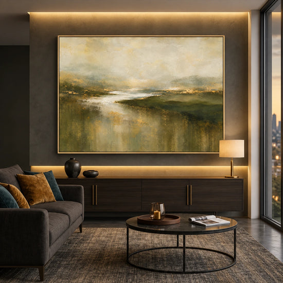 Mosslit Water artwork displayed above a sideboard behind lounge seating.