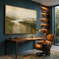 Mosslit Water artwork displayed above a desk beside a mustard chair.