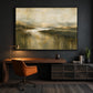Mosslit Water artwork displayed above a wooden desk against a dark wall.
