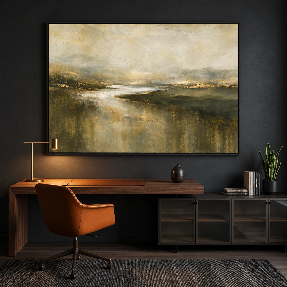 Mosslit Water artwork displayed above a wooden desk against a dark wall.