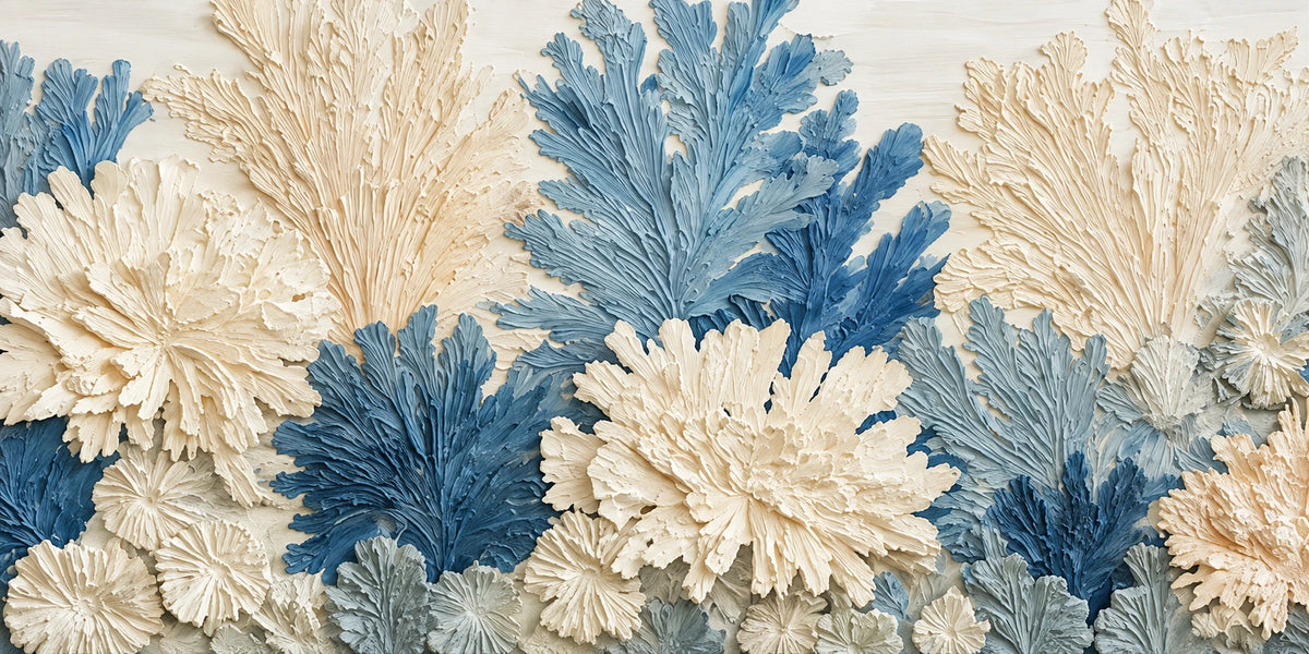 Porcelain Foliage full artwork. Layered blue and ivory botanical forms spread across a warm pale ground in a richly textured arrangement.