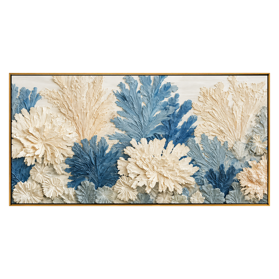 Porcelain Foliage artwork in a natural wood frame on a transparent background.