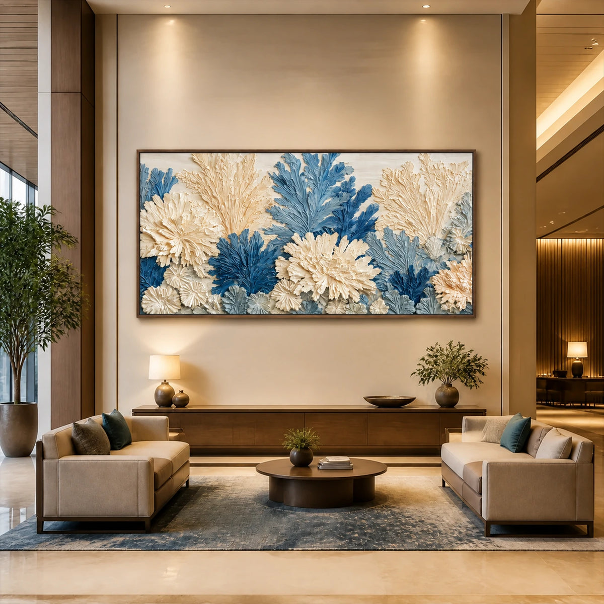 Porcelain Foliage artwork displayed above a low console in a tall living room.