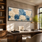 Porcelain Foliage artwork displayed above a wooden office desk.