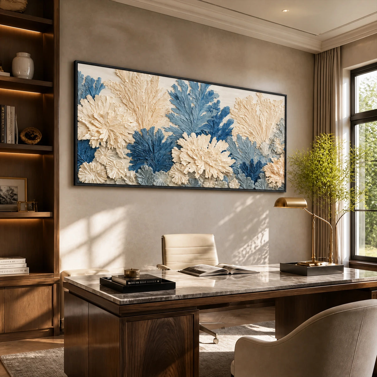 Porcelain Foliage artwork displayed above a wooden office desk.