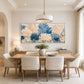 Porcelain Foliage artwork displayed above a pale dining table.