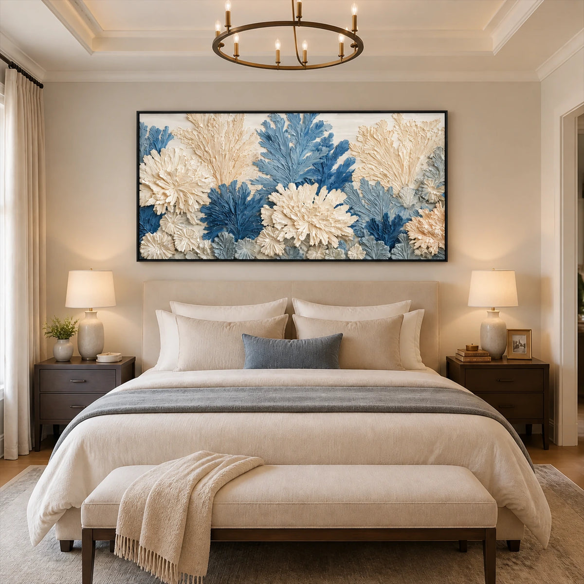 Porcelain Foliage artwork displayed above a bed between bedside lamps.