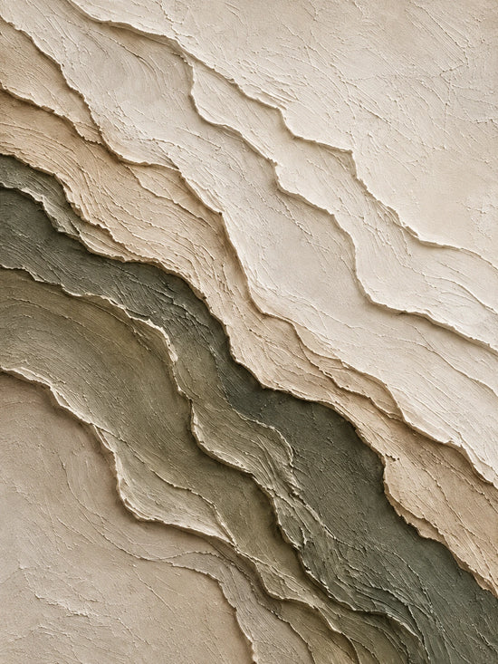 Quiet Strata full artwork. Soft ivory, sand, and gray-green layers sweep diagonally across a textured surface like weathered stone.