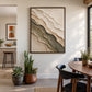 Quiet Strata artwork displayed beside a dining table and potted plants.