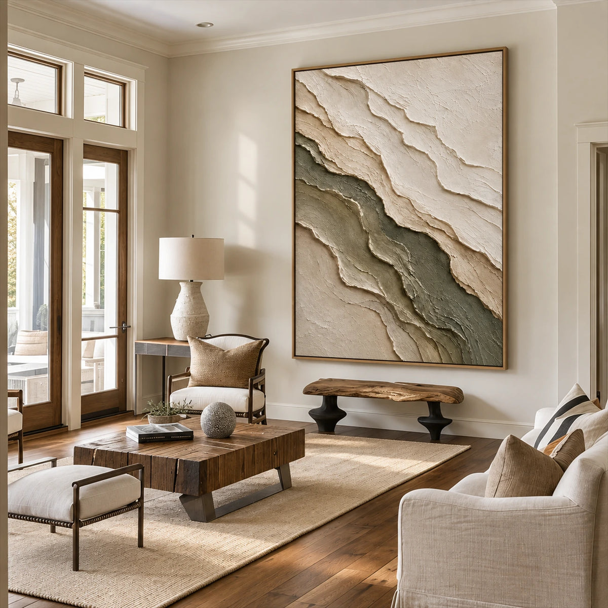 Quiet Strata artwork displayed above a wooden bench in a bright living room.