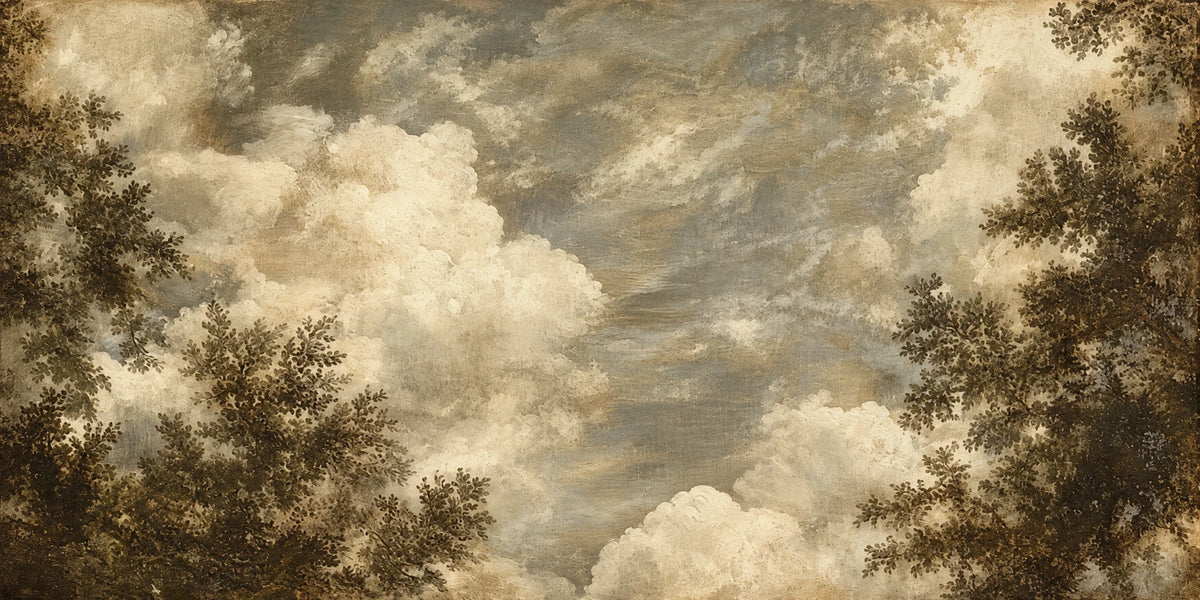 Clouded Canopy full artwork. Billowing cream clouds drift across a muted blue-gray sky framed by dark leafy branches.