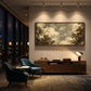 Clouded Canopy artwork displayed above a wooden console beside a teal chair.