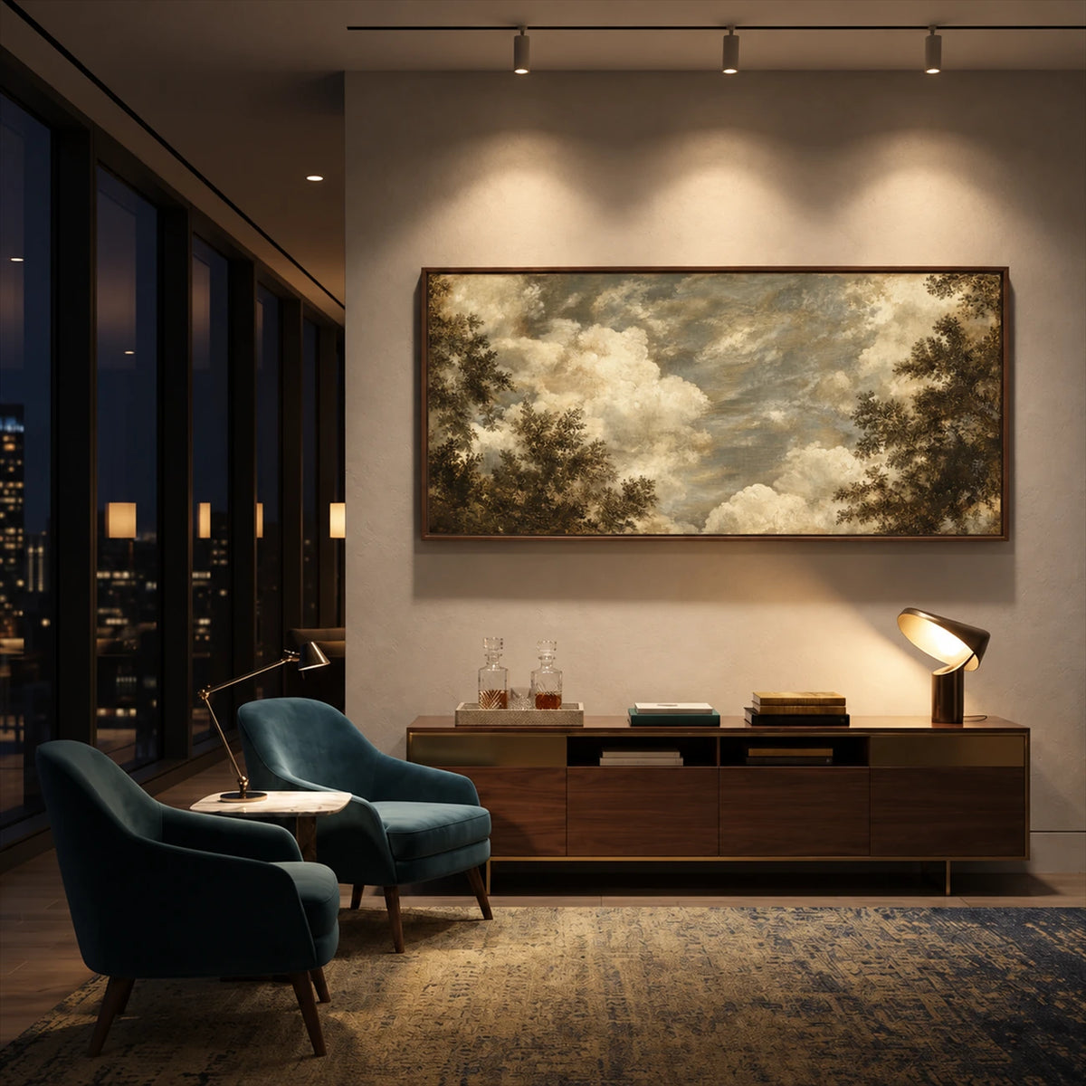 Clouded Canopy artwork displayed above a wooden console beside a teal chair.