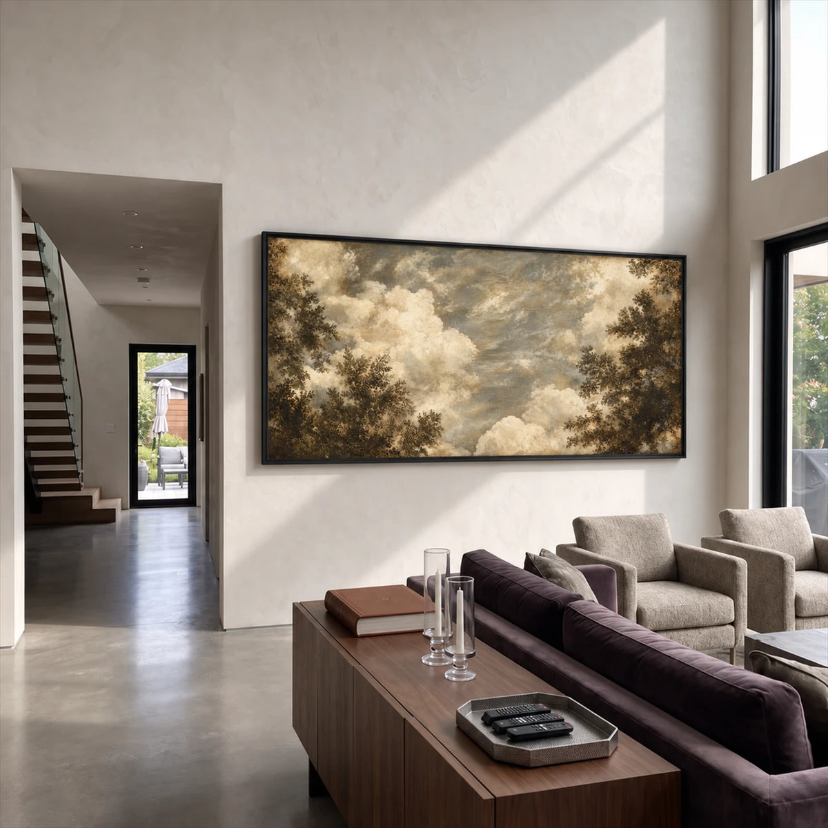 Clouded Canopy artwork displayed above a sofa in a modern open-plan room.