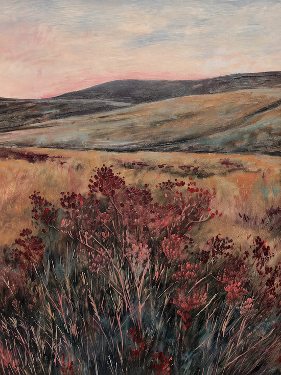 Heather Vale full artwork. Rose-colored shrubs rise in the foreground beneath rolling ochre hills and a softly pink evening sky.