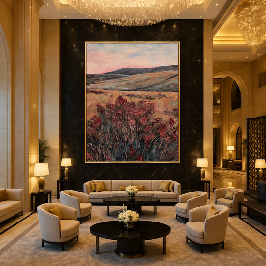 Heather Vale artwork displayed above a sofa in a tall warmly lit lounge.