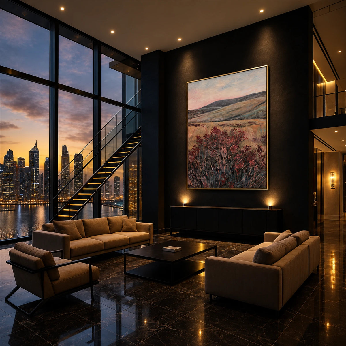 Heather Vale artwork displayed beside a staircase and city-view windows.
