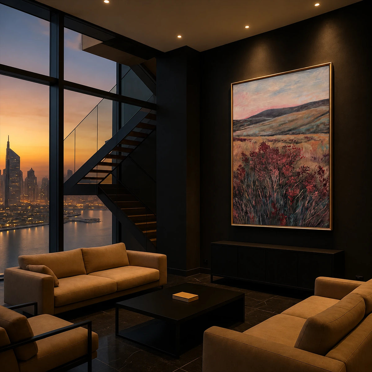 Heather Vale artwork displayed above a sofa beneath a modern staircase.