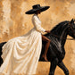 Ivory Cavalier full artwork. A rider in a flowing ivory dress and broad black hat sits atop a dark horse against a warm ochre backdrop.
